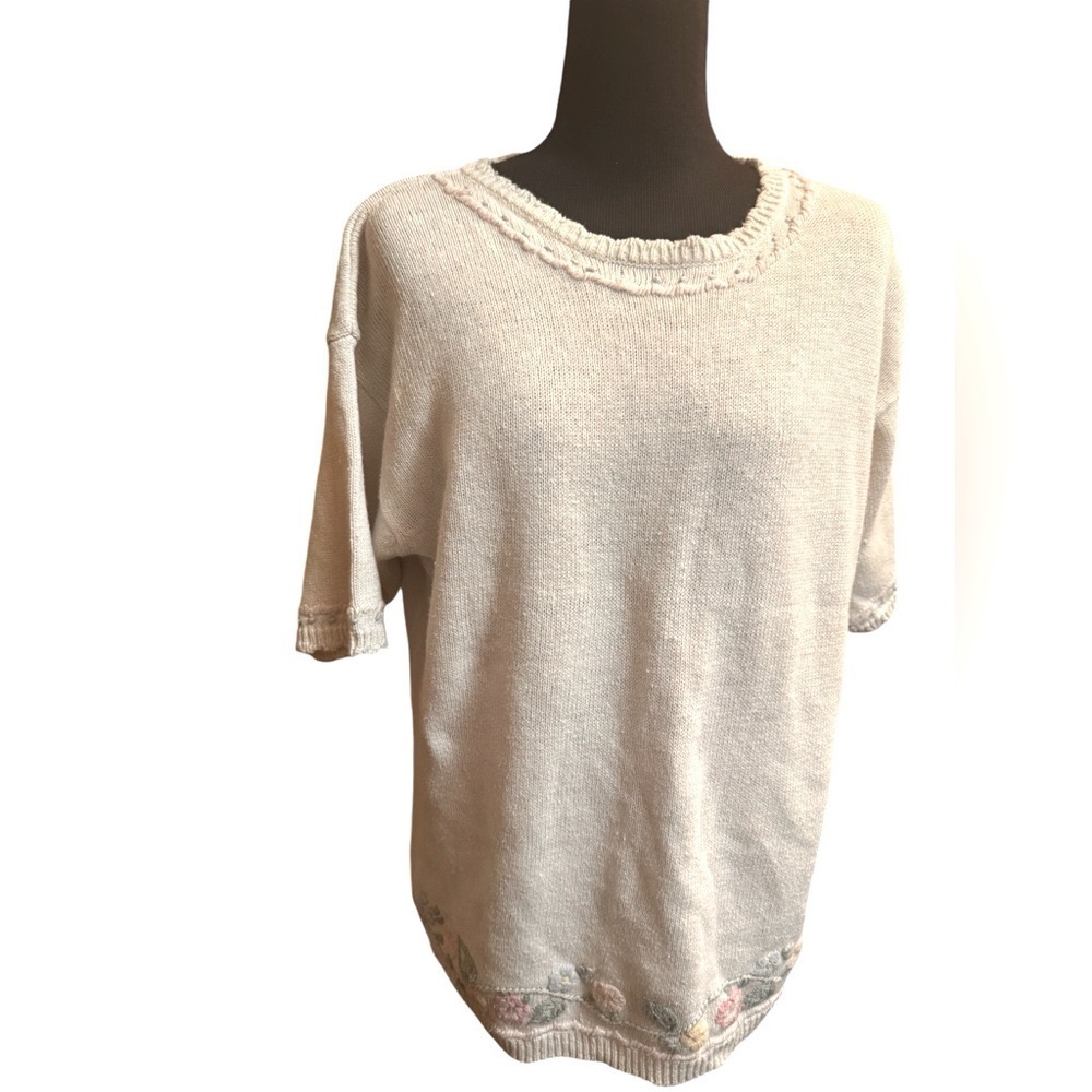 VINTAGE DANA SCOTT Cotton Floral Waist Embroidered Short Sleeve Sweater SZ M EUC